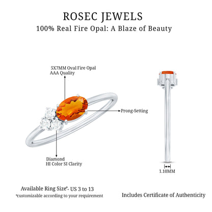 Oval Cut Fire Opal Promise Ring with Diamond Trio