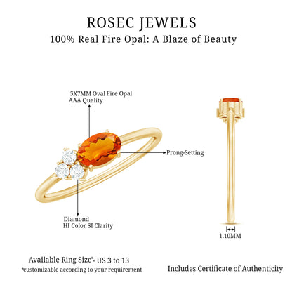 Oval Cut Fire Opal Promise Ring with Diamond Trio