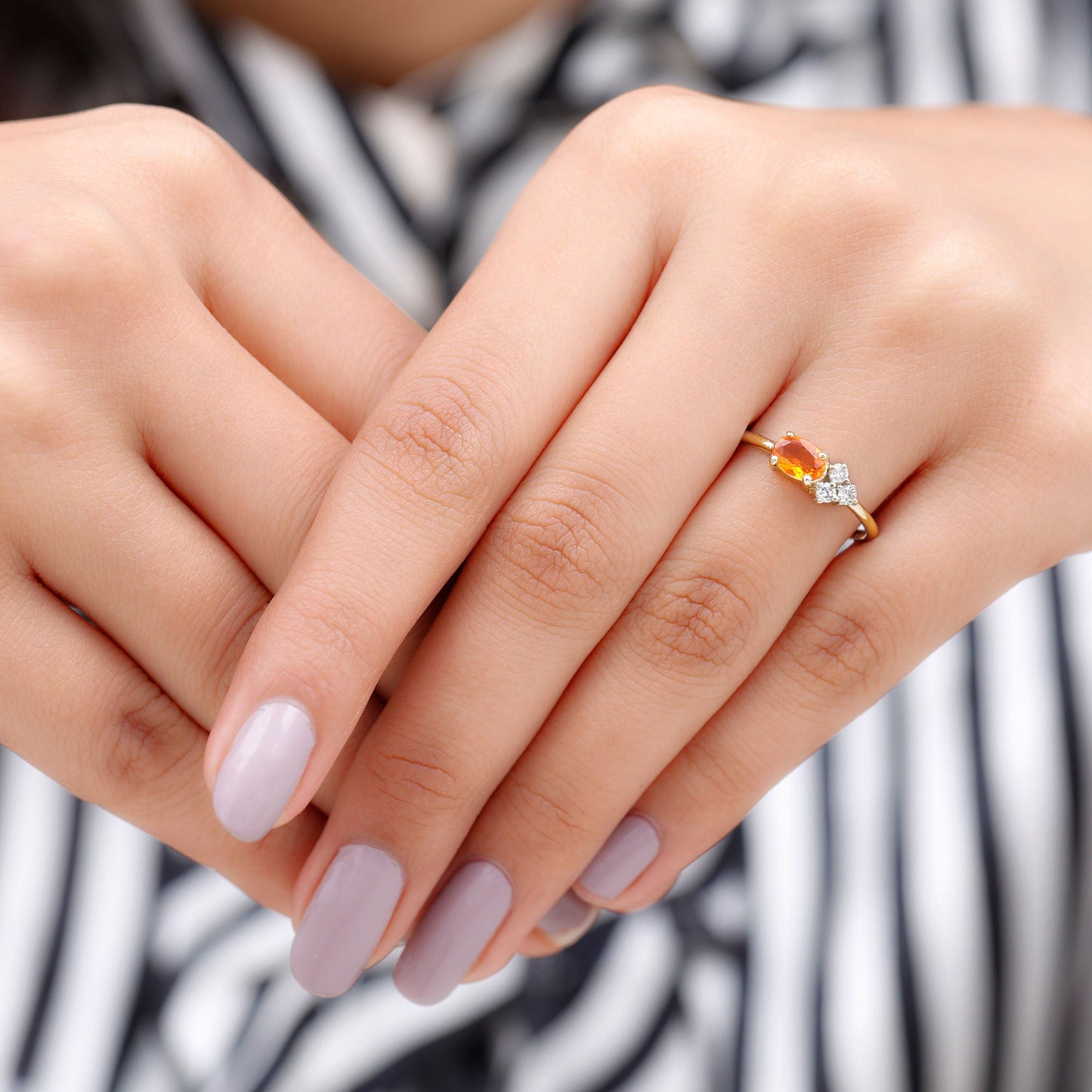 Oval Cut Fire Opal Promise Ring with Diamond Trio