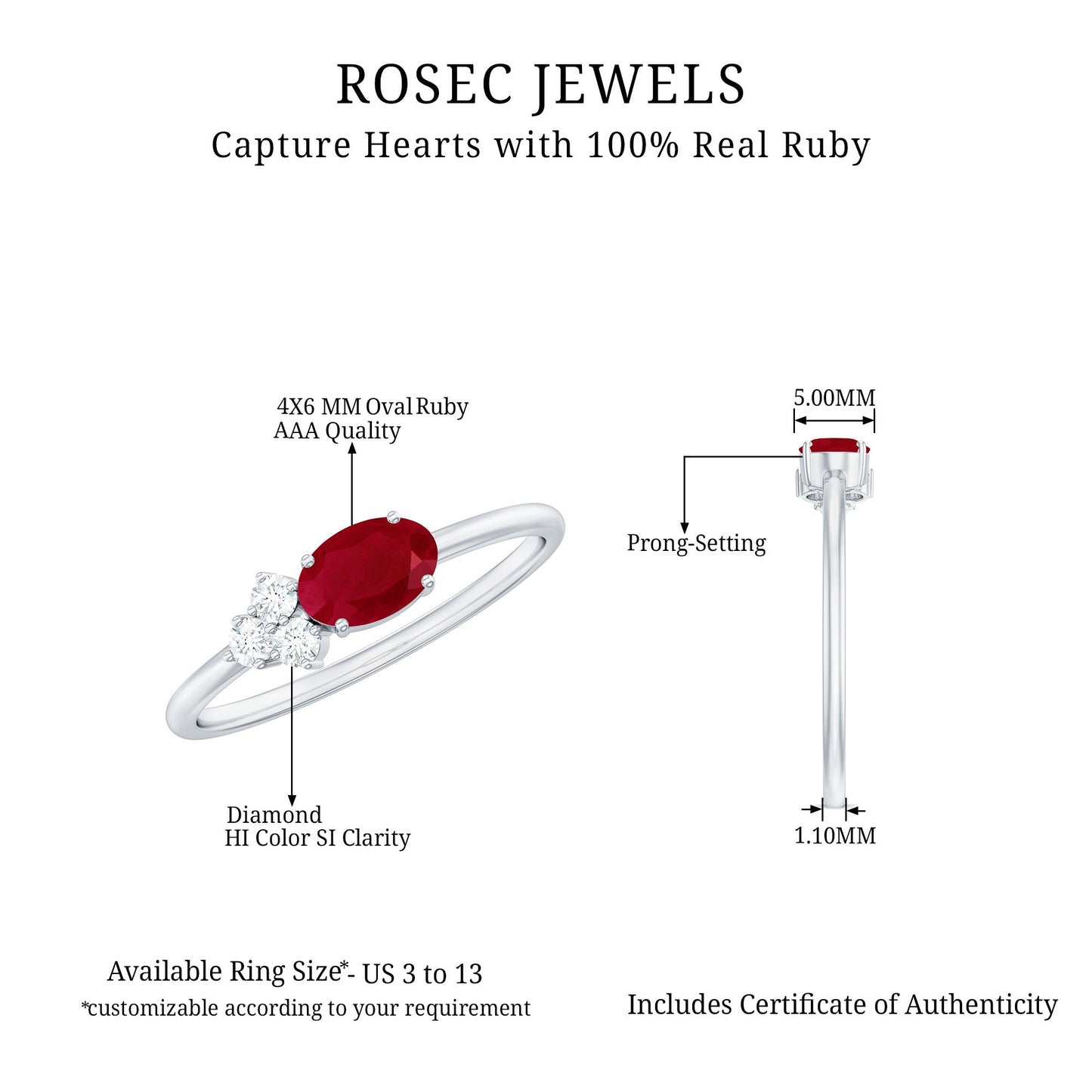 East West Style 0.6 Carat Oval Ruby Promise Ring with Diamond Trio