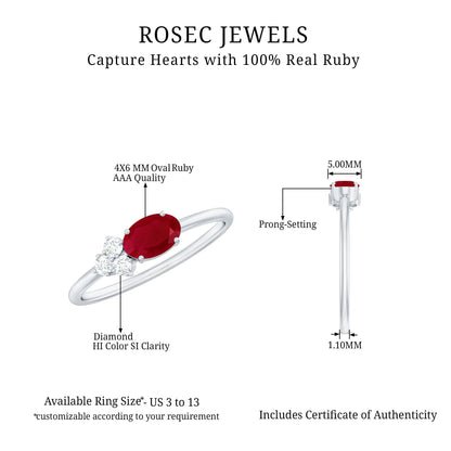East West Style 0.6 Carat Oval Ruby Promise Ring with Diamond Trio