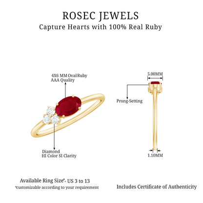 East West Style 0.6 Carat Oval Ruby Promise Ring with Diamond Trio
