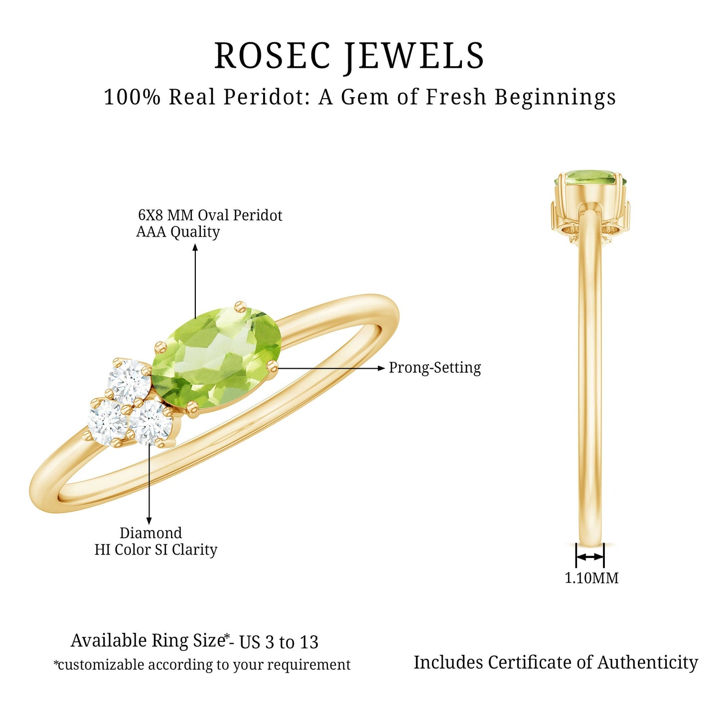 Natural 1 Carat Peridot Oval Engagement Ring with Diamond Trio