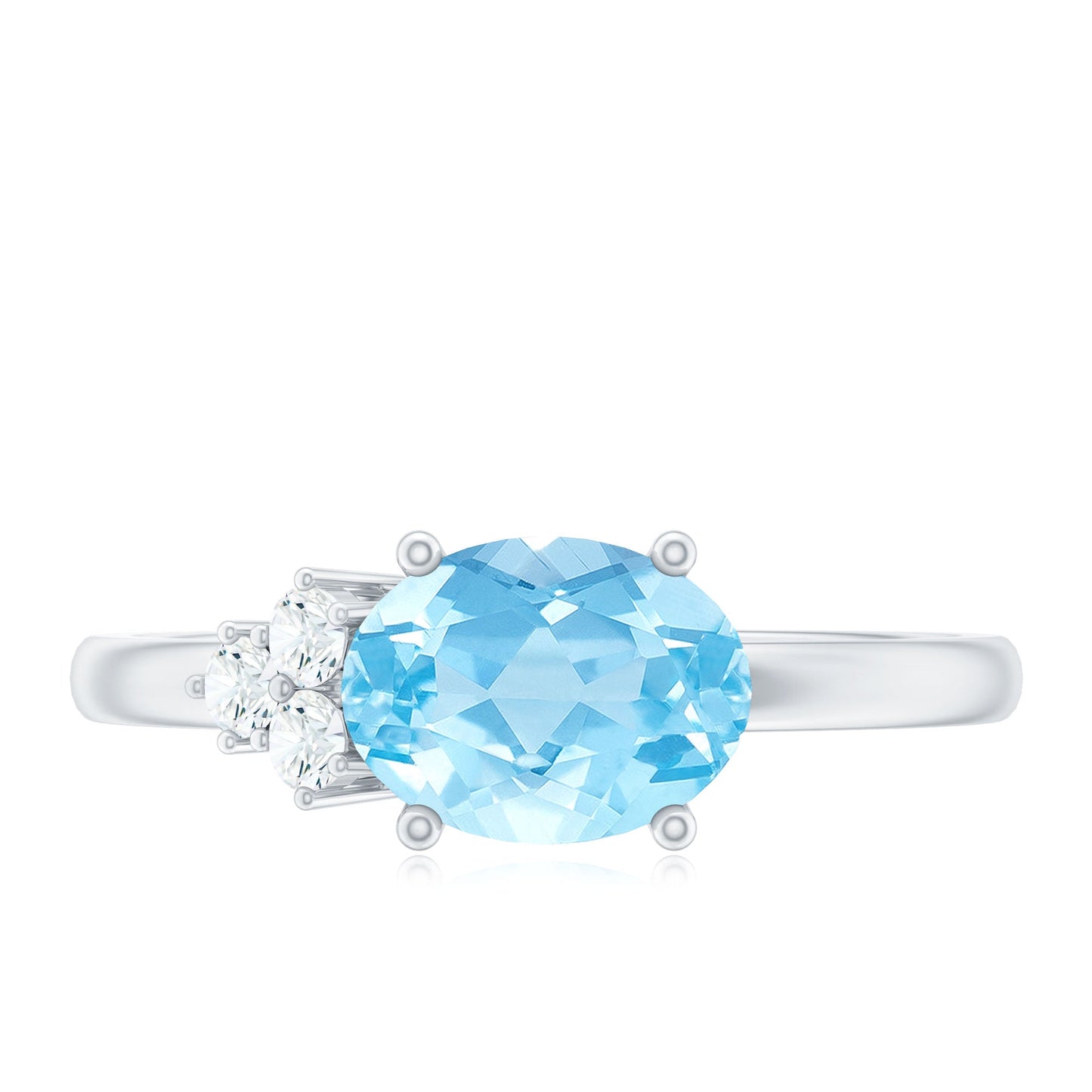 Natural 1 Carat Oval Aquamarine Promise Ring with Diamond Trio