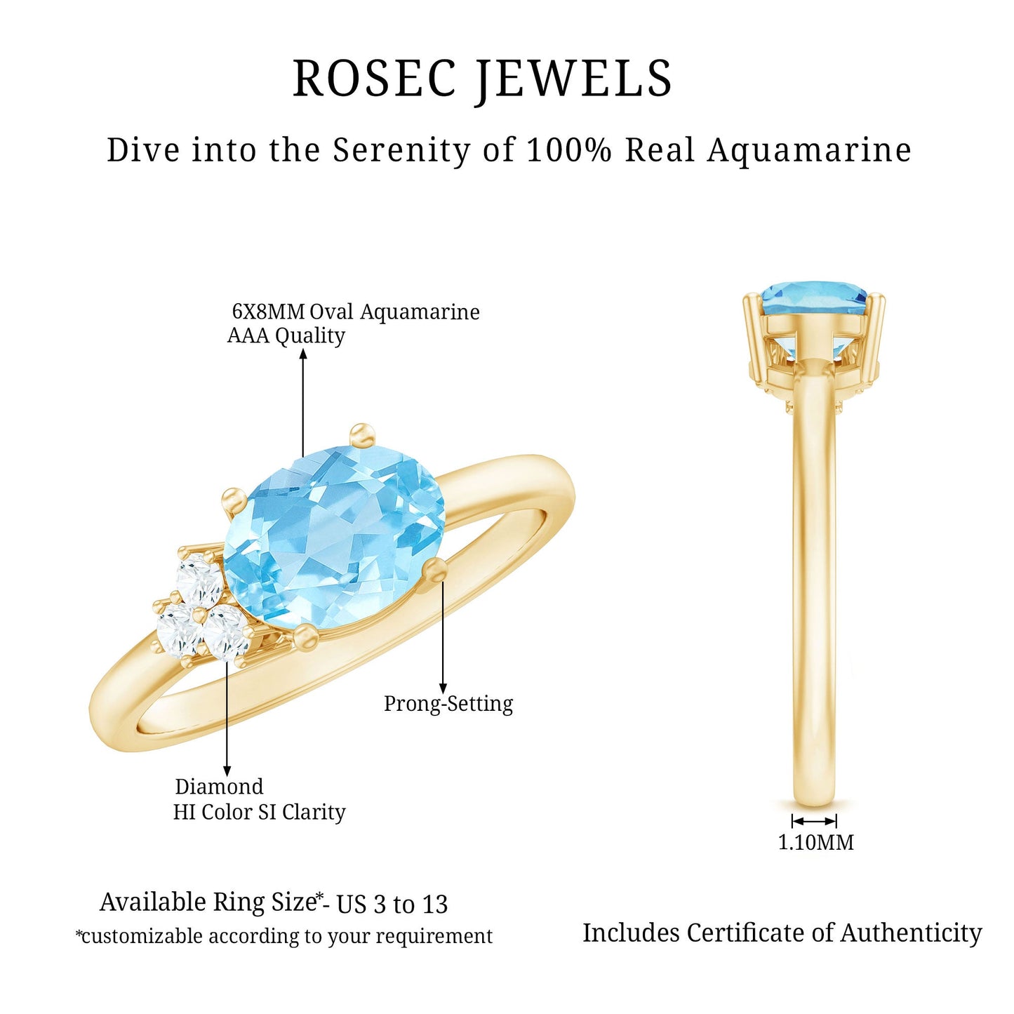 Natural 1 Carat Oval Aquamarine Promise Ring with Diamond Trio