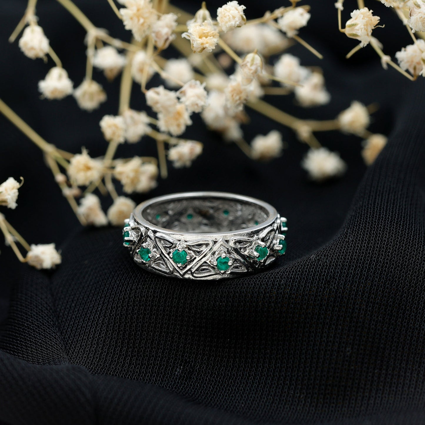 Vintage Inspired Real Emerald Wide Wedding Band