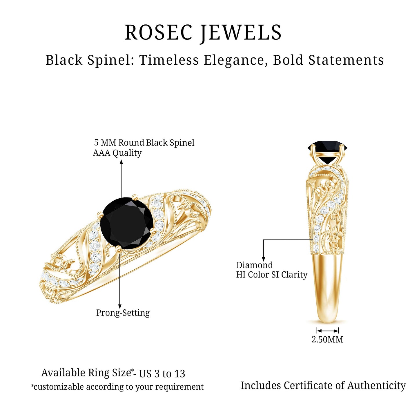 Vintage Looking Black Spinel Engagement Ring with Diamond