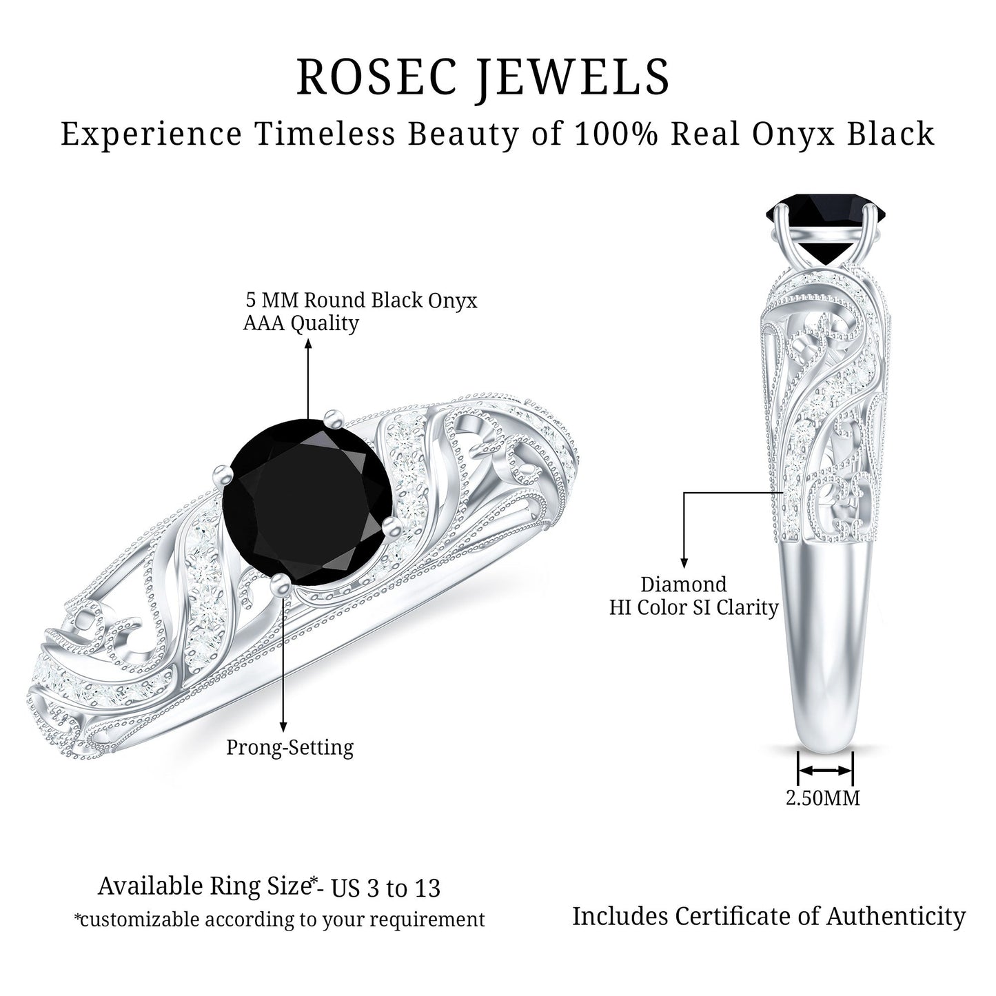 Vintage Style Black Onyx and Diamond Engagement Ring for Women