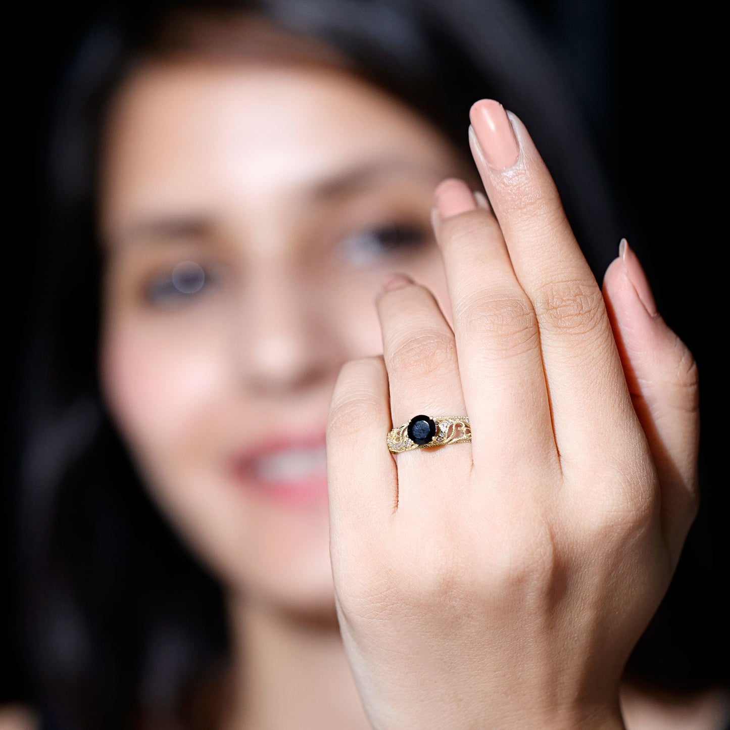 Vintage Style Black Onyx and Diamond Engagement Ring for Women