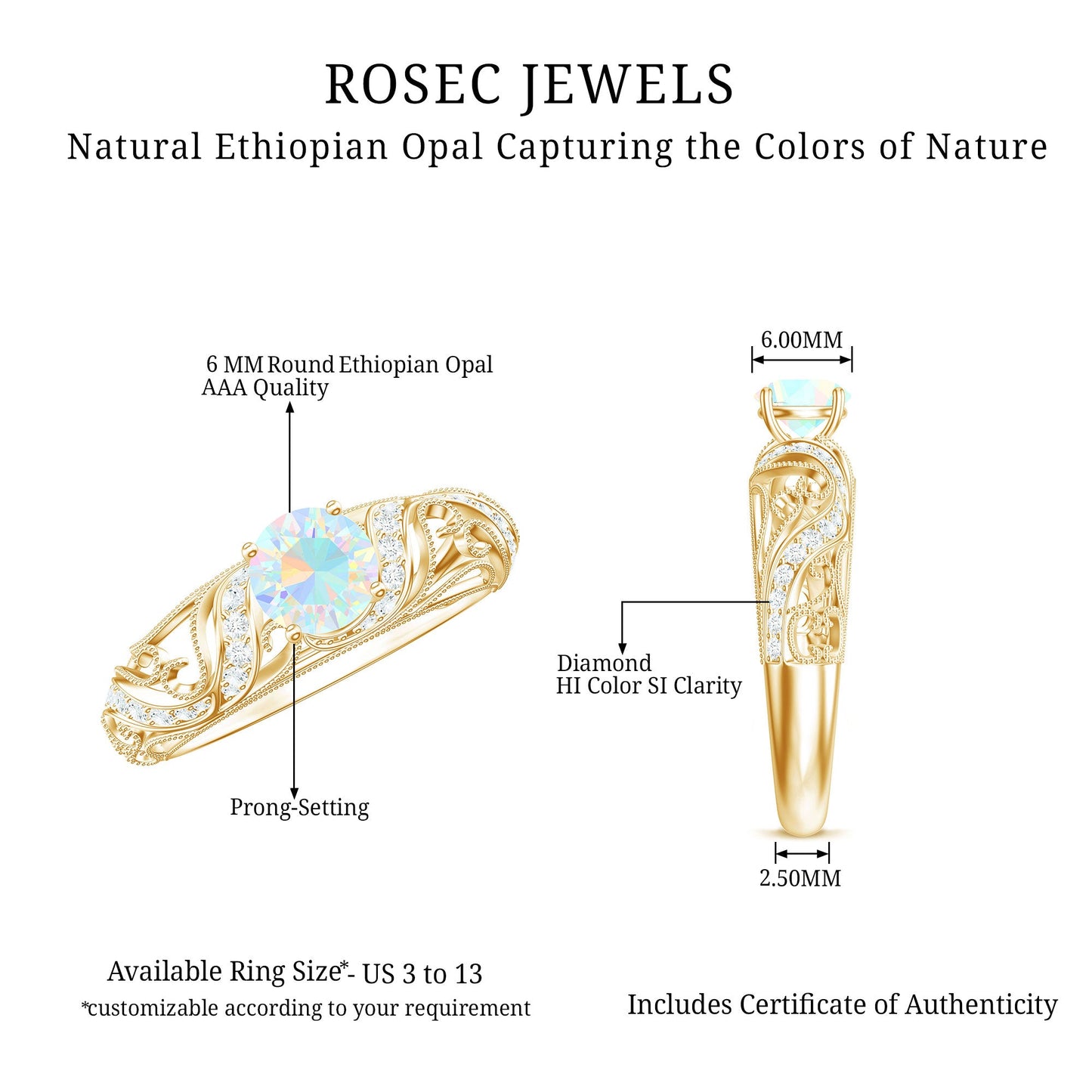 Natural Ethiopian Opal Diamond Vintage Looking Engagement Ring with Certificate