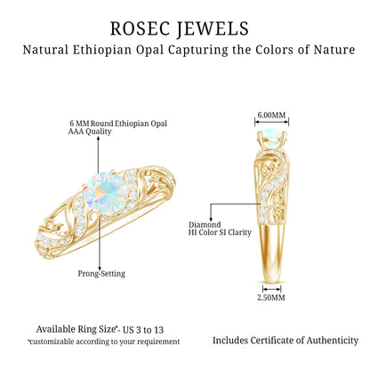 Natural Ethiopian Opal Diamond Vintage Looking Engagement Ring with Certificate