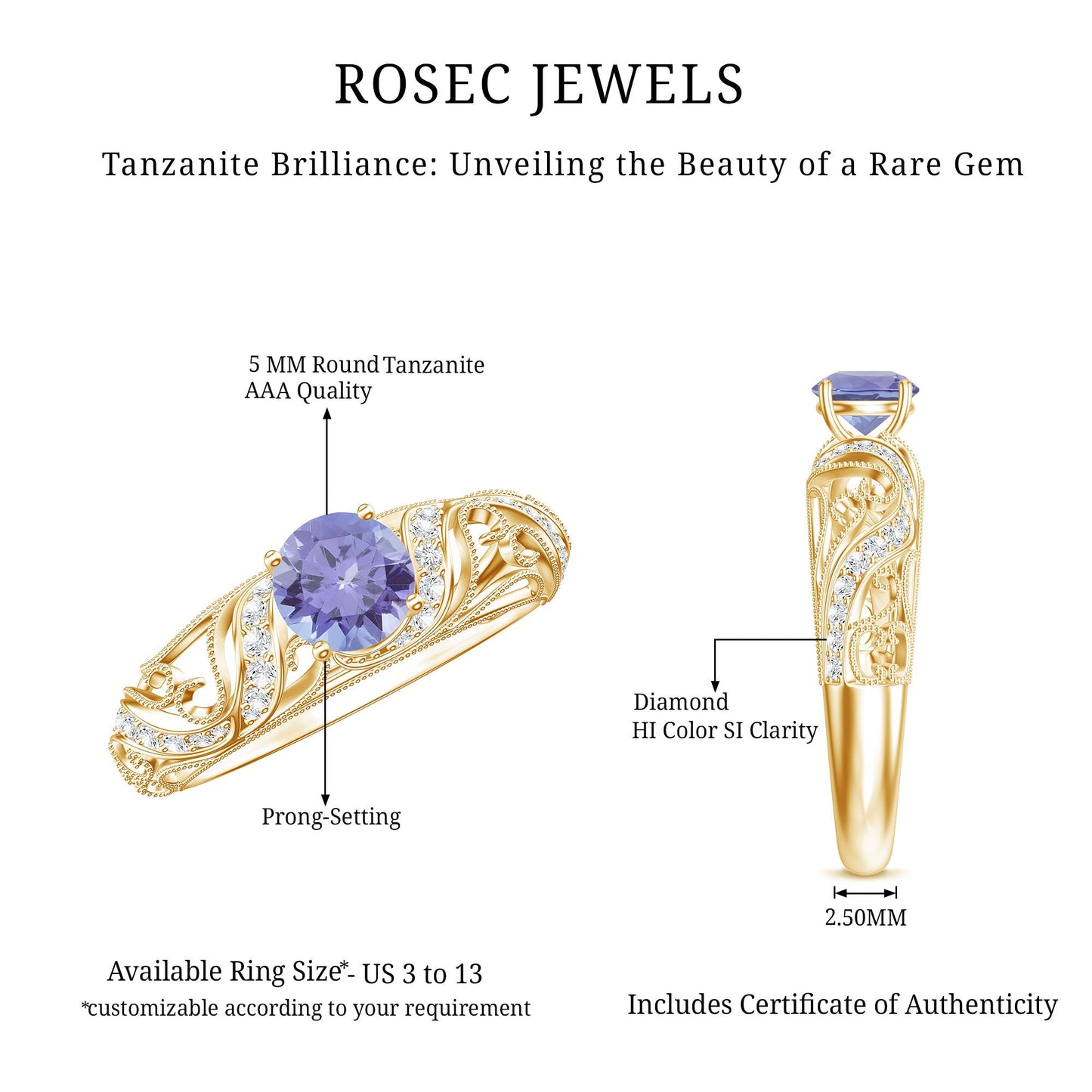 Round Tanzanite Vintage Inspired Engagement Ring with Diamond