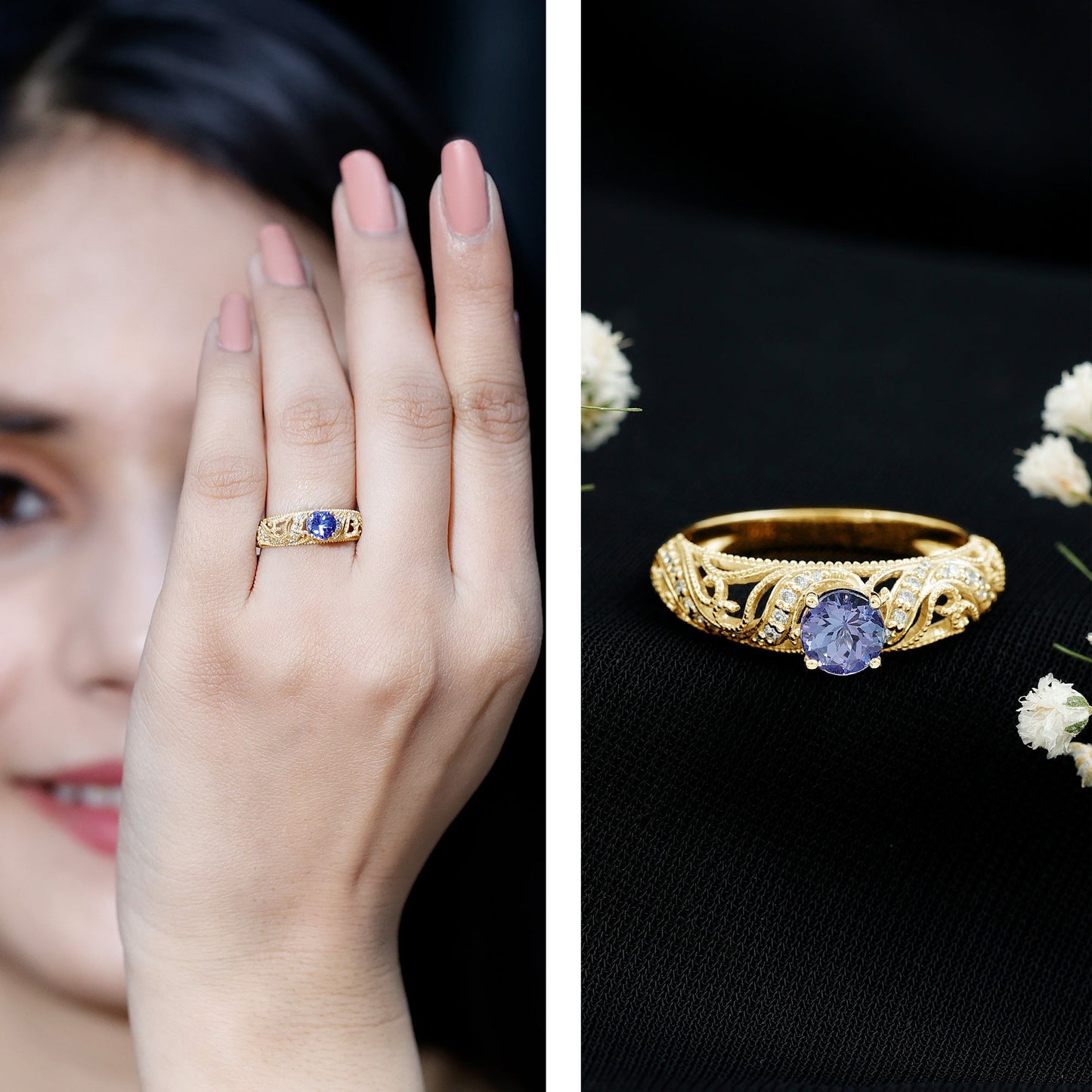Round Tanzanite Vintage Inspired Engagement Ring with Diamond