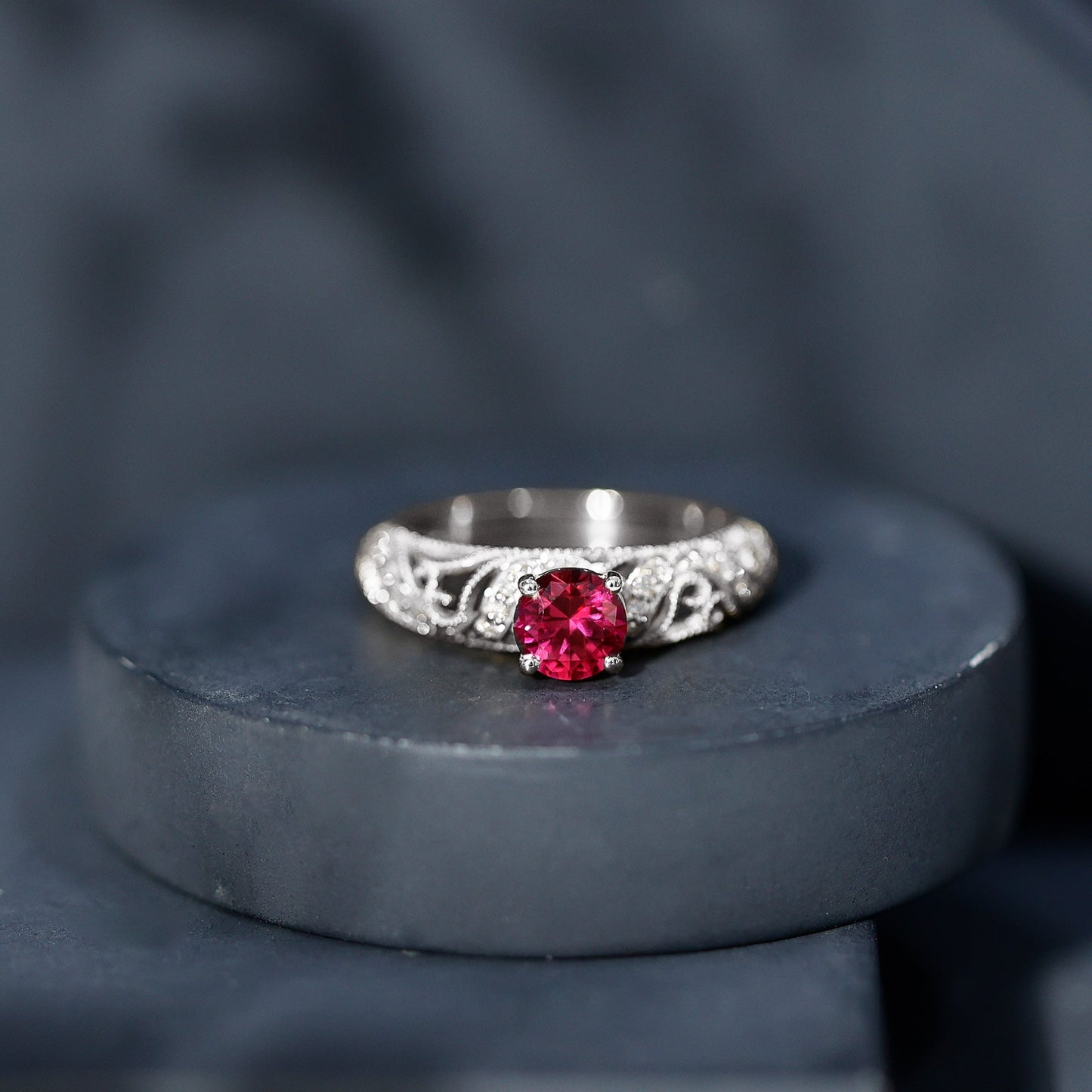 Lab Created Ruby and Diamond Vintage Inspired Engagement Ring