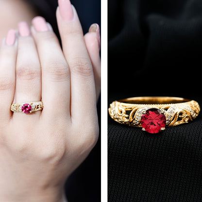 Lab Created Ruby and Diamond Vintage Inspired Engagement Ring