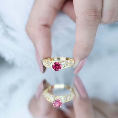 Lab Created Ruby and Diamond Vintage Inspired Engagement Ring