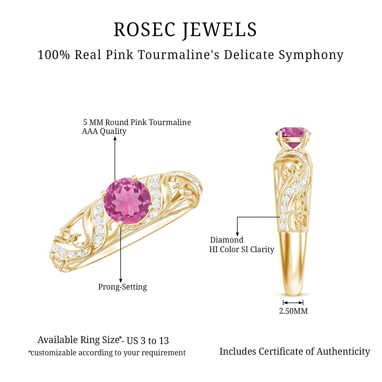 0.4 Carat Vintage Style Pink Tourmaline Engagement Ring with Diamond