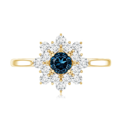 Genuine Round Cut London Blue Topaz Flower Engagement Ring with Diamonds