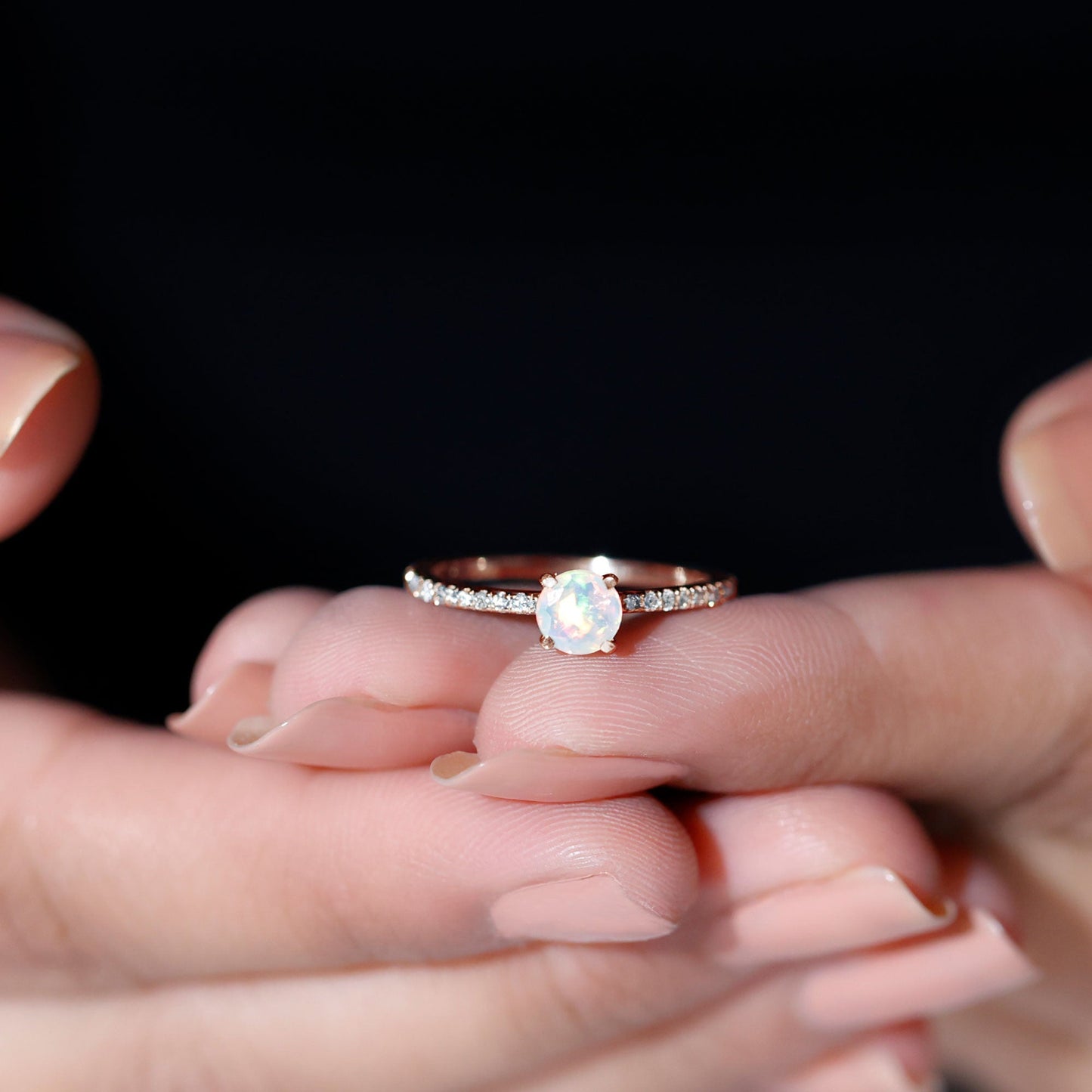 Genuine Ethiopian Opal Promise Ring with Diamond Side Stones