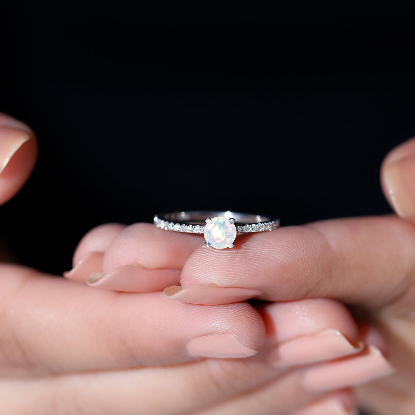 Genuine Ethiopian Opal Promise Ring with Diamond Side Stones