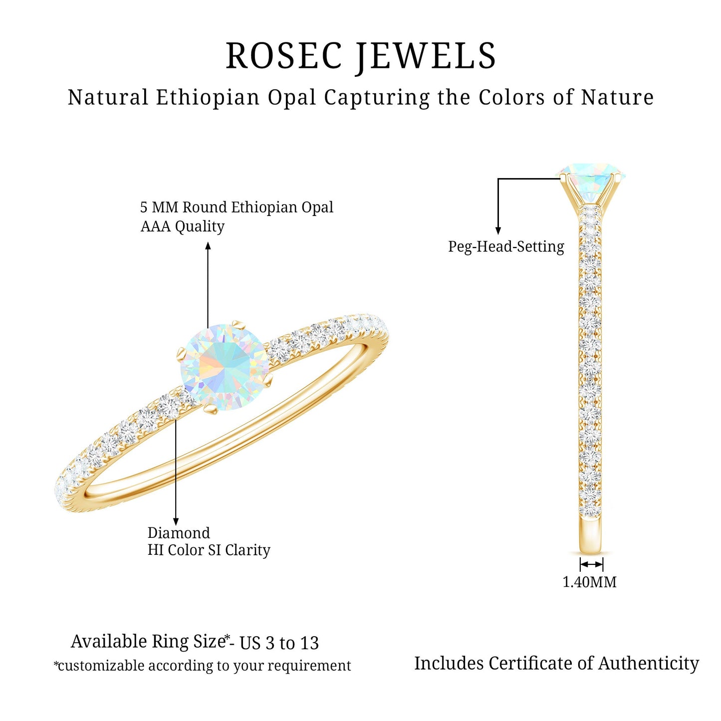 Genuine Ethiopian Opal Promise Ring with Diamond Side Stones