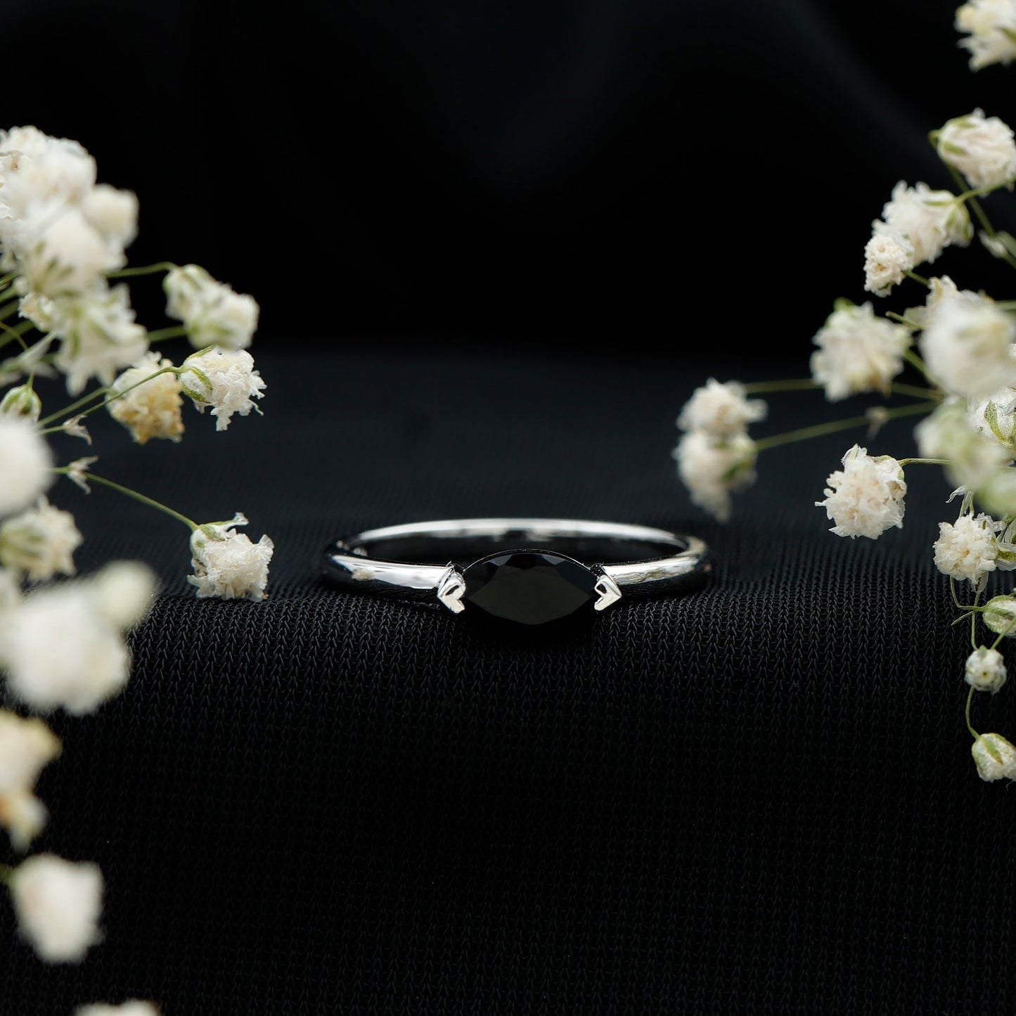 Marquise Shaped Black Onyx Solitaire Promise Ring for Her