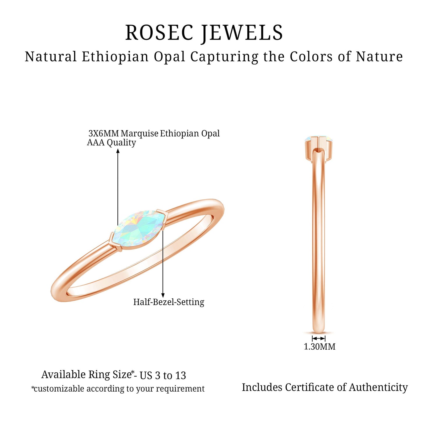 Natural Marquise Ethiopian Rainbow Opal Promise Ring in East West Style