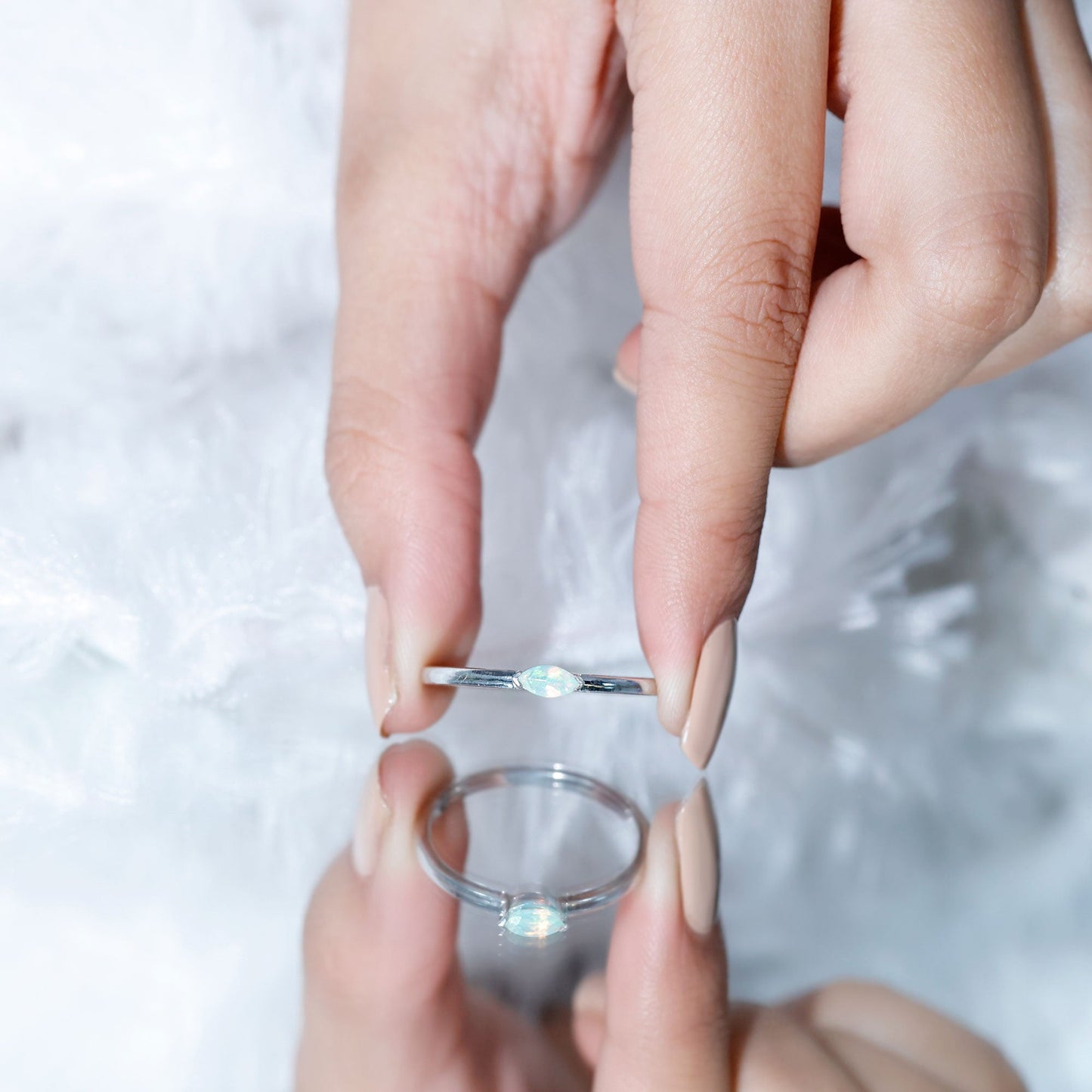 Natural Marquise Ethiopian Rainbow Opal Promise Ring in East West Style