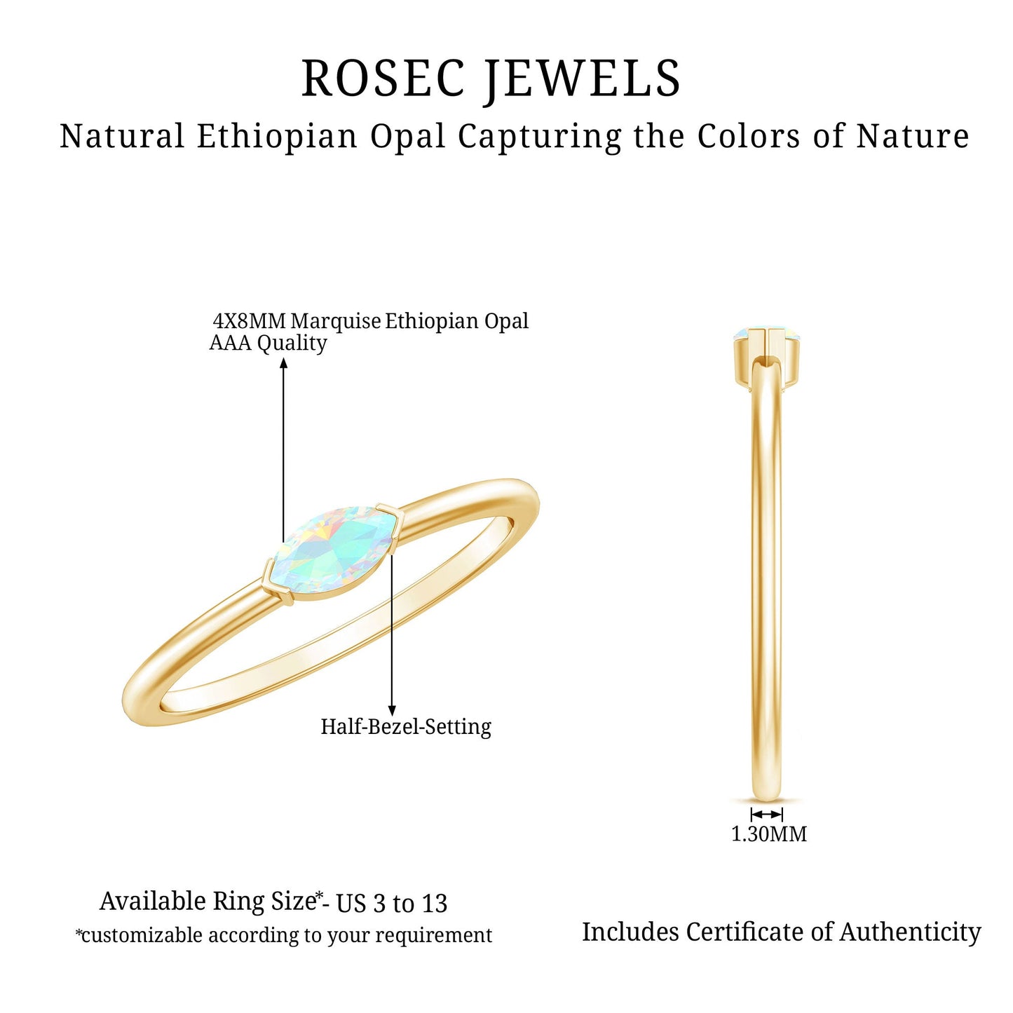 Natural Marquise Ethiopian Rainbow Opal Promise Ring in East West Style