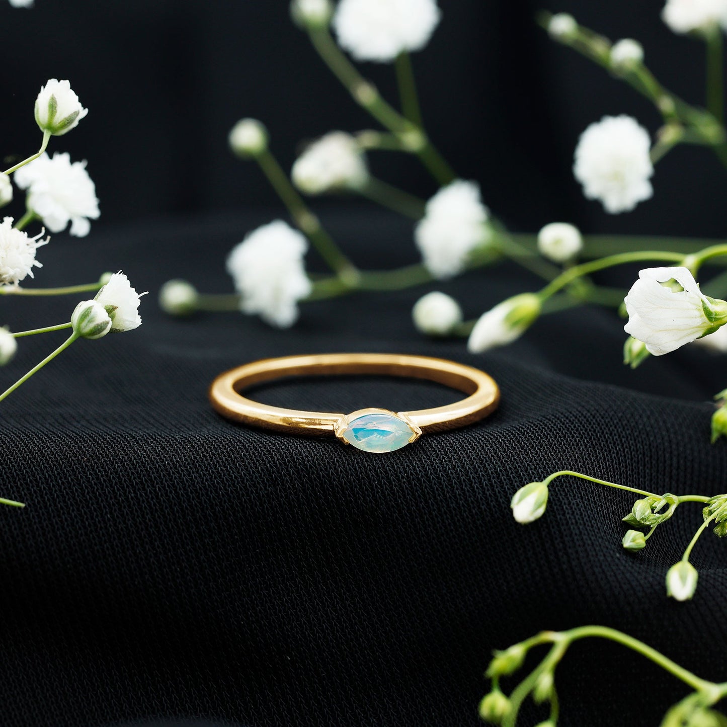 Natural Marquise Ethiopian Rainbow Opal Promise Ring in East West Style