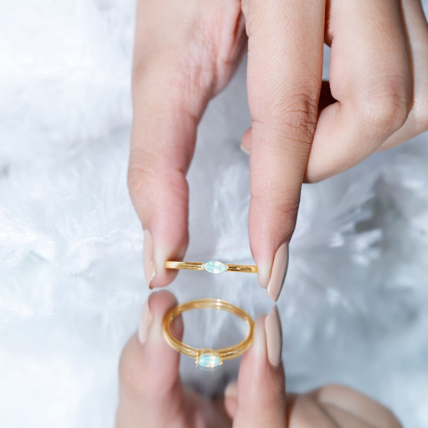 Natural Marquise Ethiopian Rainbow Opal Promise Ring in East West Style