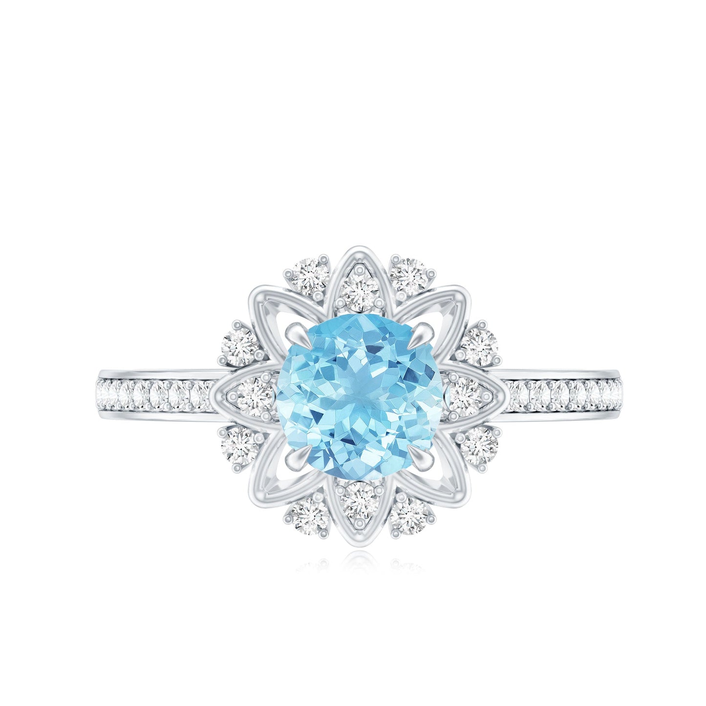 Genuine 0.8 Aquamarine Floral Engagement Ring with Diamond Side Stones