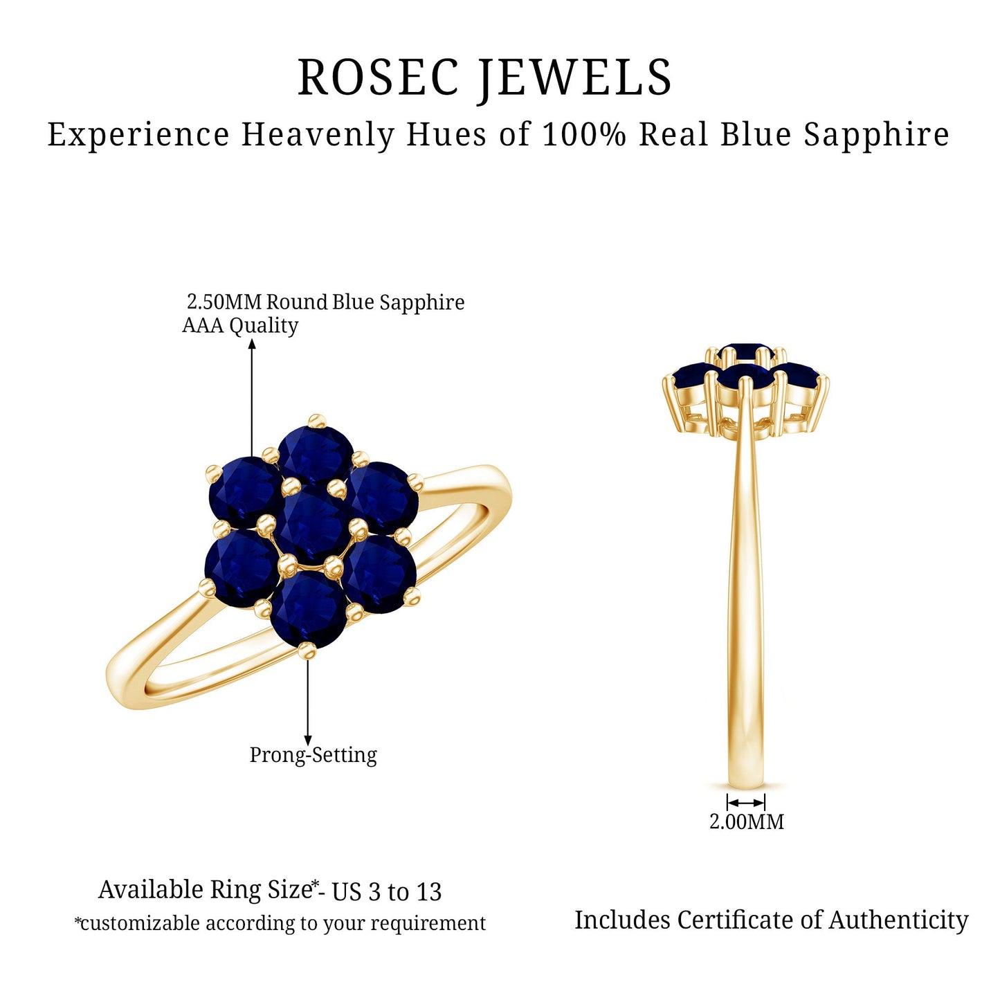 Certified Round Shape Blue Sapphire Cluster Flower Ring