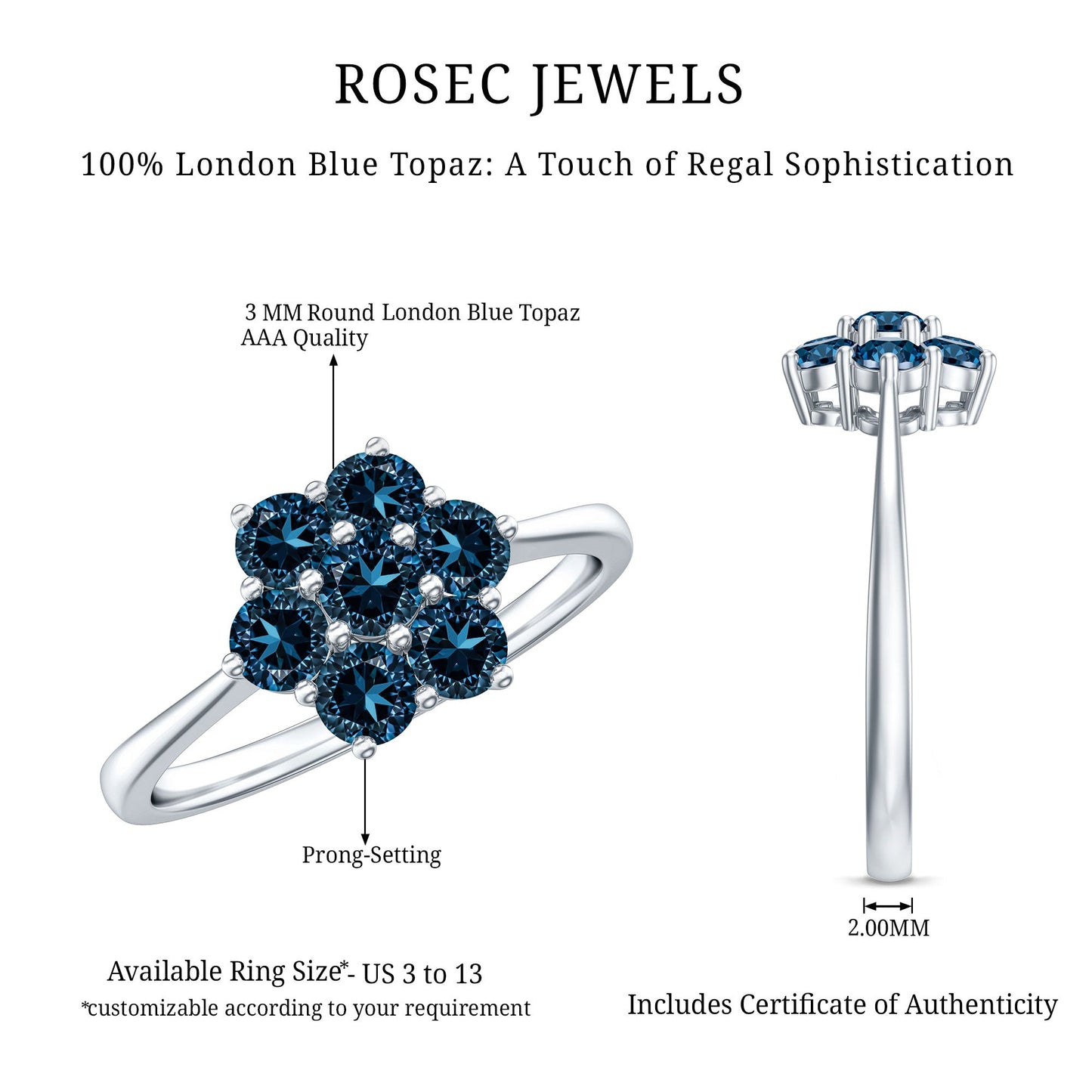 Genuine London Blue Topaz Flower Engagement Ring With Certificate