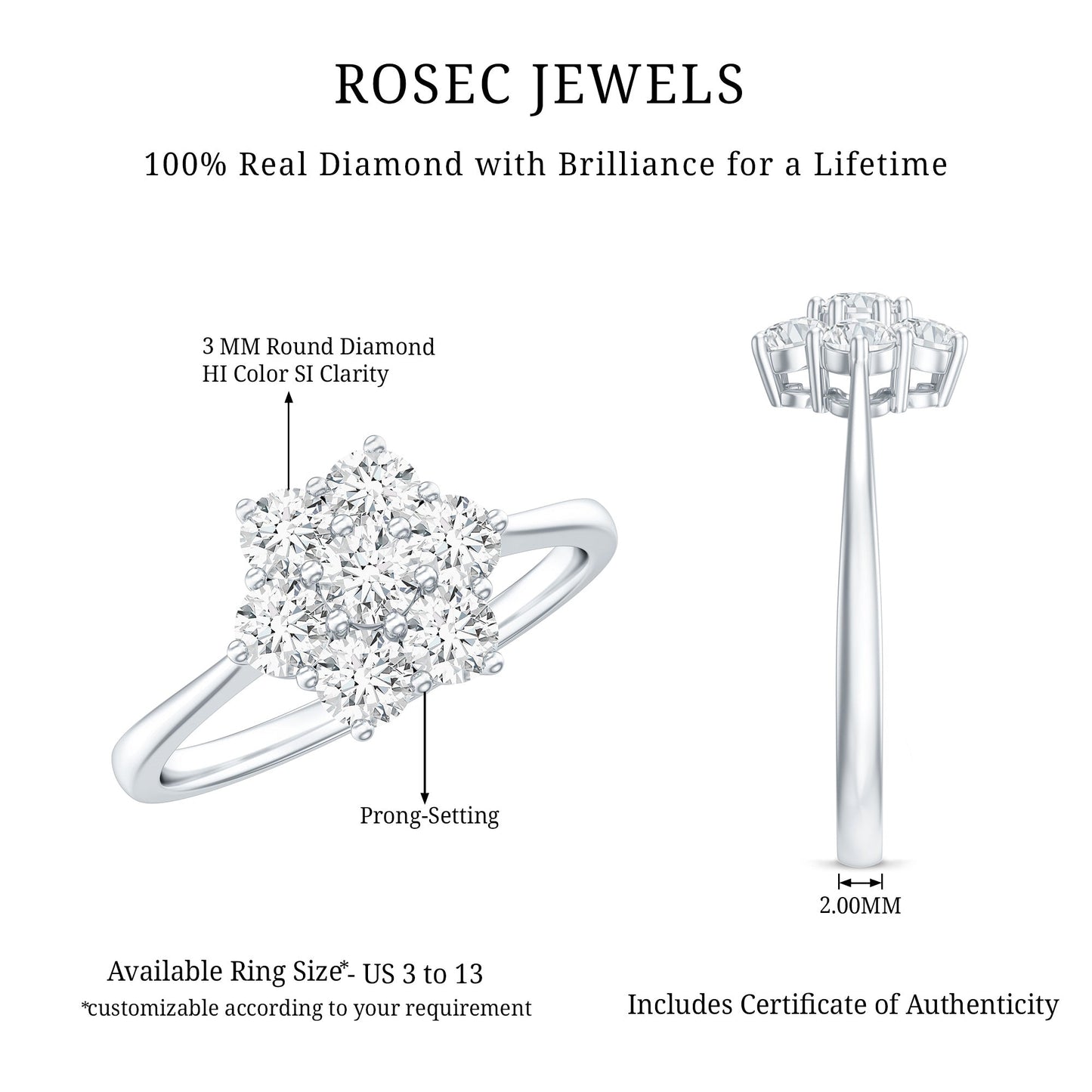 Natural Diamond Flower Cluster Engagement Ring for Women