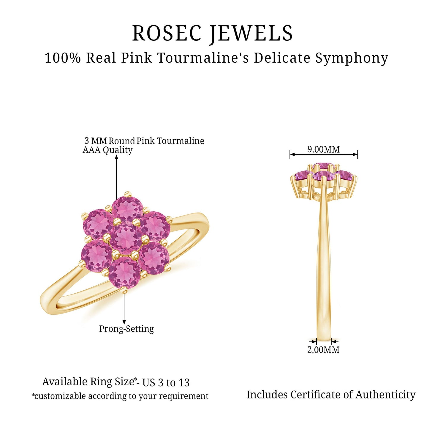 Round Shape Pink Tourmaline Flower Engagement Ring