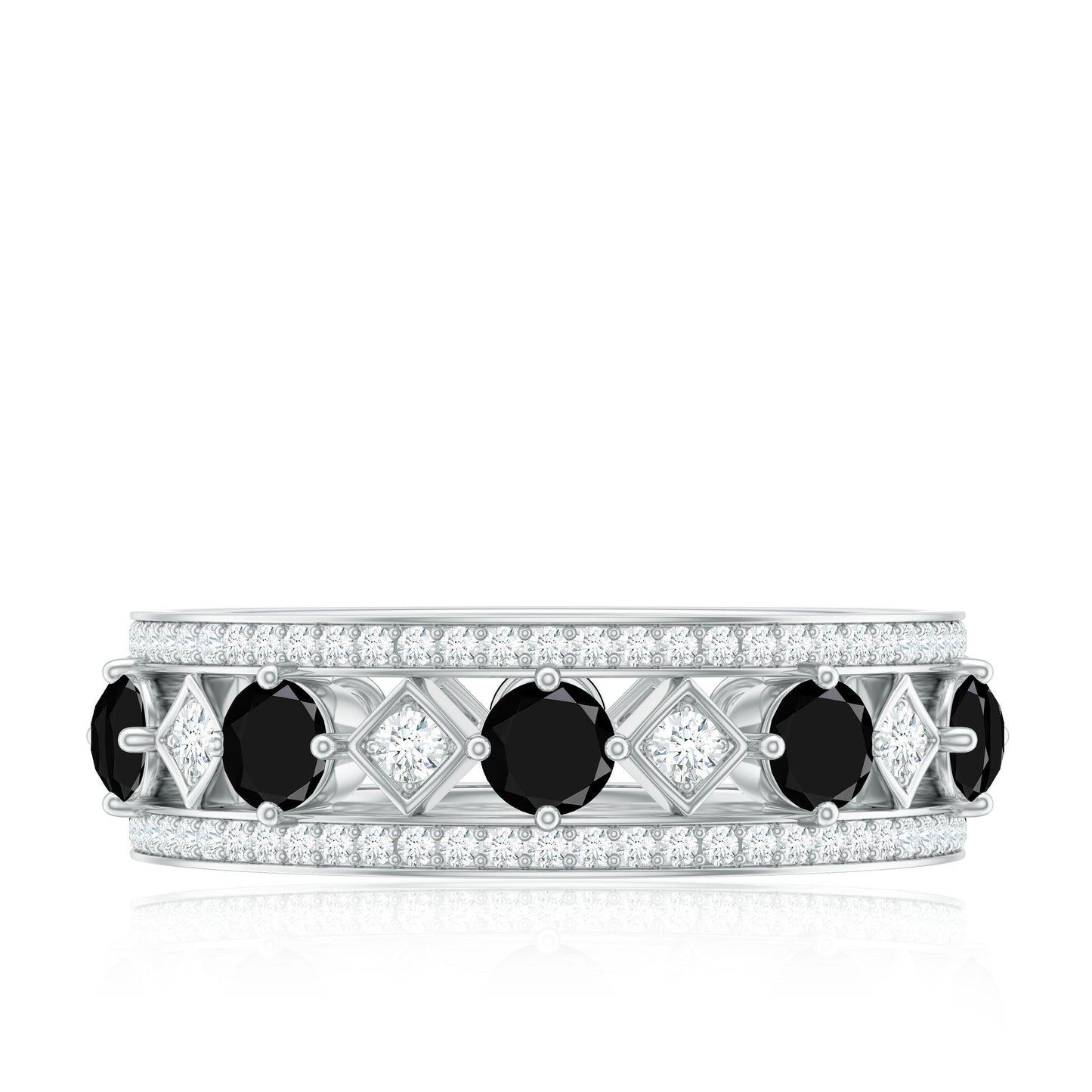 Antique Looking Black Onyx and Moissanite Wide Wedding Band