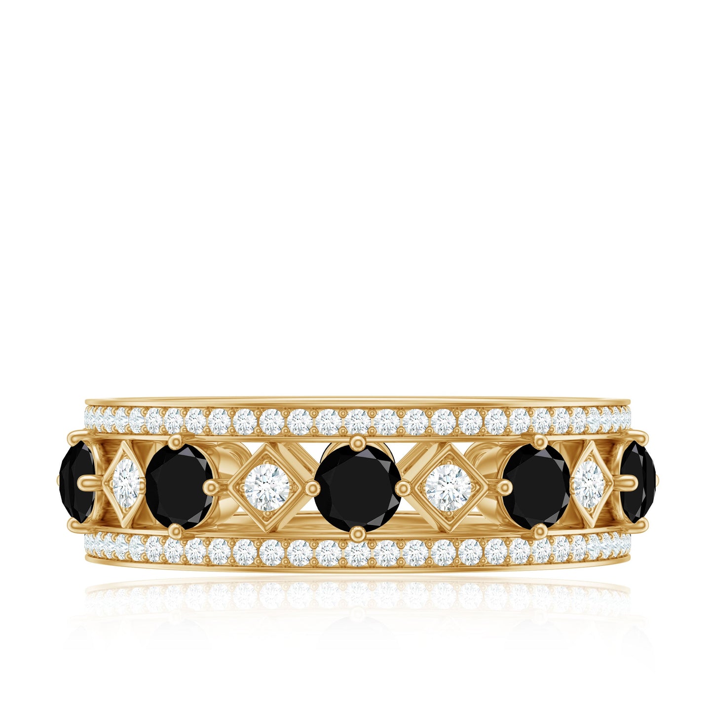 Antique Looking Black Onyx and Moissanite Wide Wedding Band