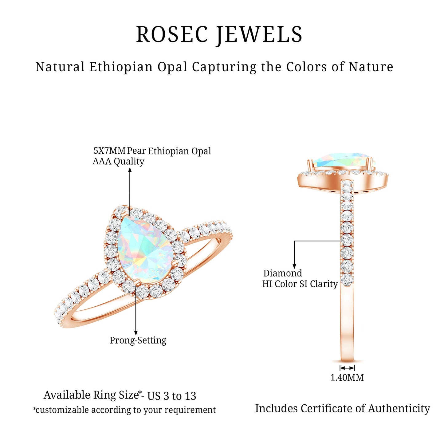 0.7 Carat Natural Ethiopian Opal Teardrop Engagement Ring with Diamond Halo