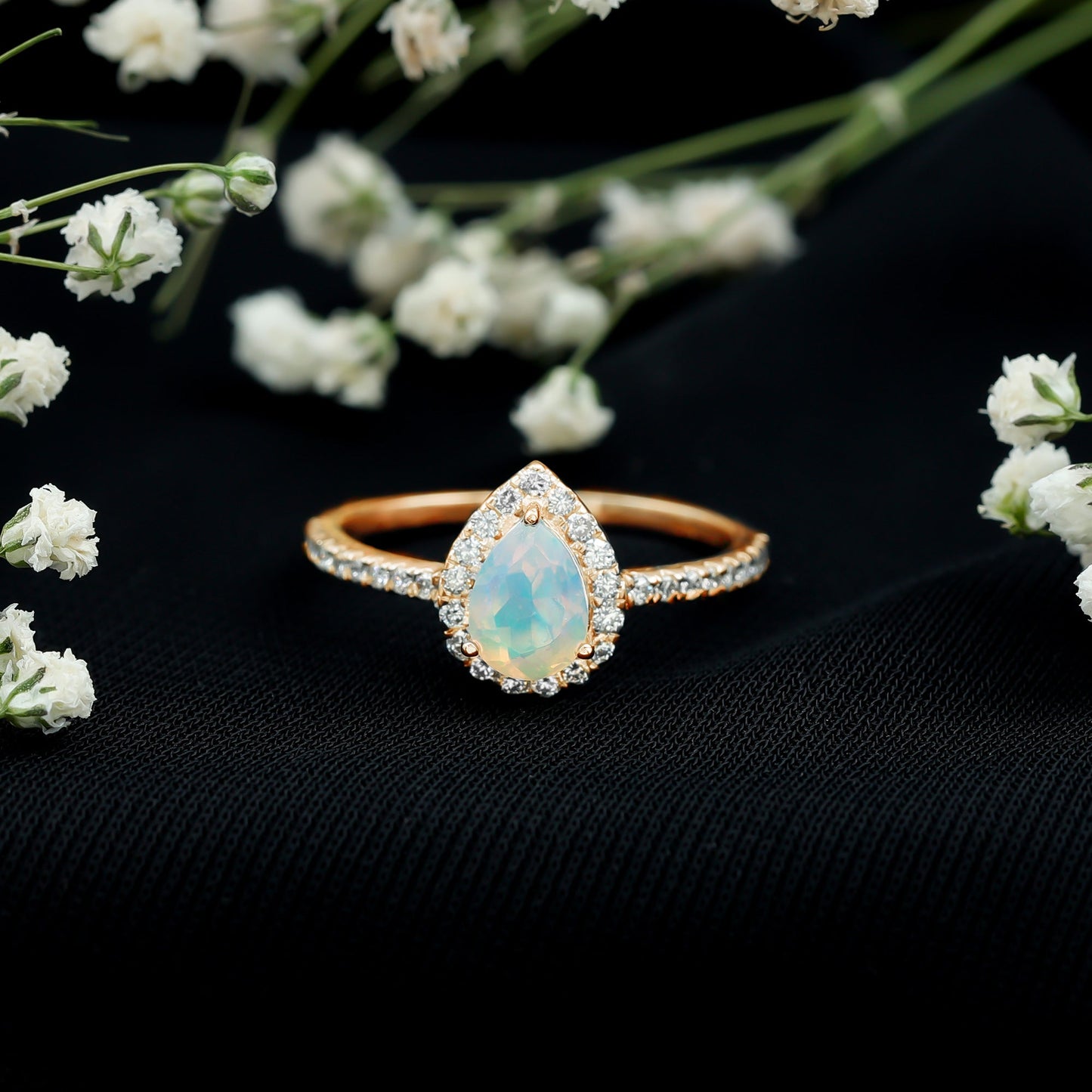 0.7 Carat Natural Ethiopian Opal Teardrop Engagement Ring with Diamond Halo