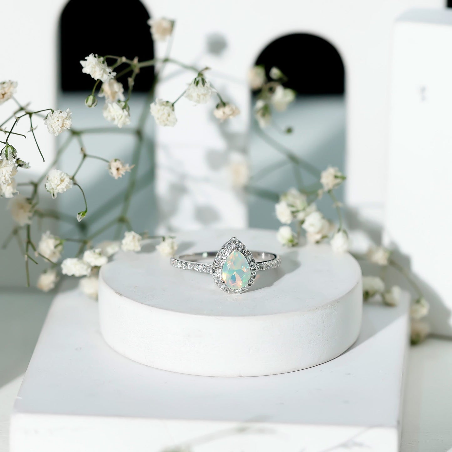 0.7 Carat Natural Ethiopian Opal Teardrop Engagement Ring with Diamond Halo
