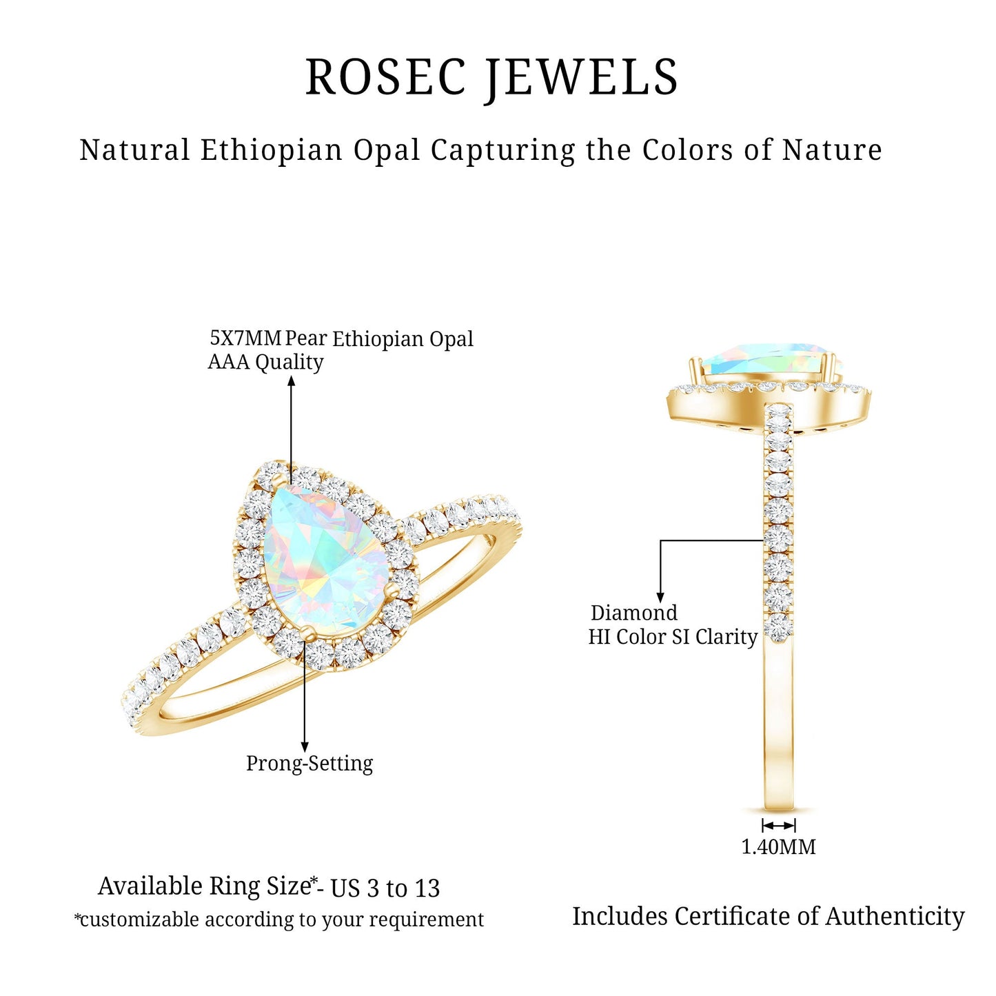 0.7 Carat Natural Ethiopian Opal Teardrop Engagement Ring with Diamond Halo