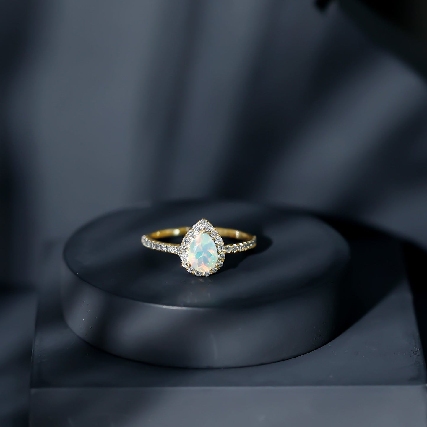 0.7 Carat Natural Ethiopian Opal Teardrop Engagement Ring with Diamond Halo