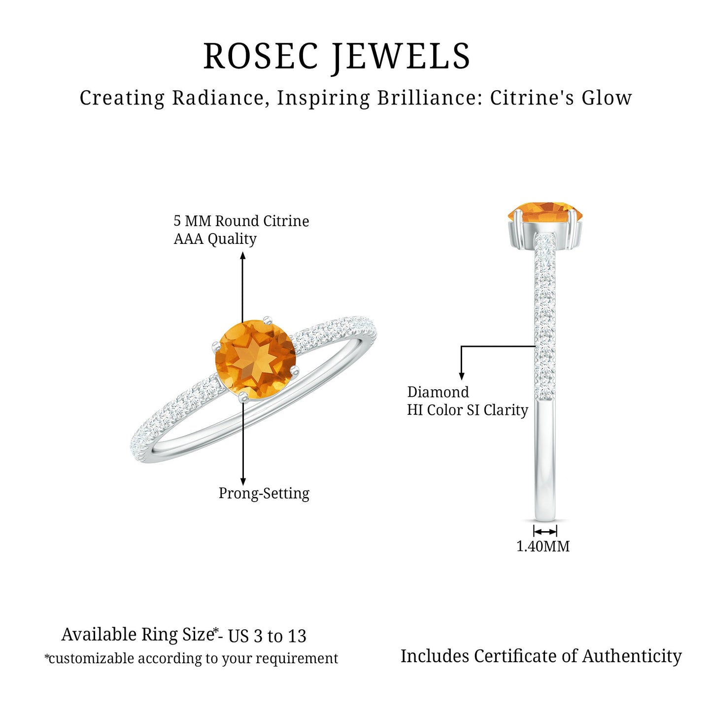 Natural Solitaire Citrine Minimal Engagement Ring with Diamond
