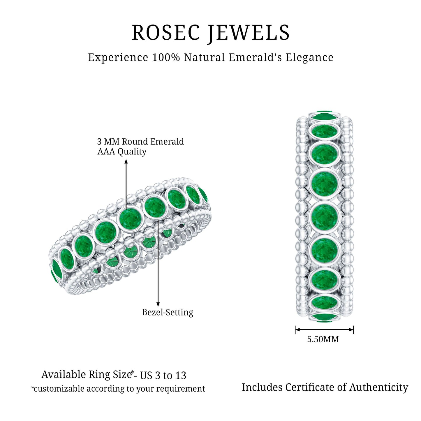 Vintage Inspired Emerald Wedding Band in Bezel Setting