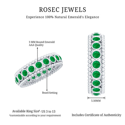 Vintage Inspired Emerald Wedding Band in Bezel Setting