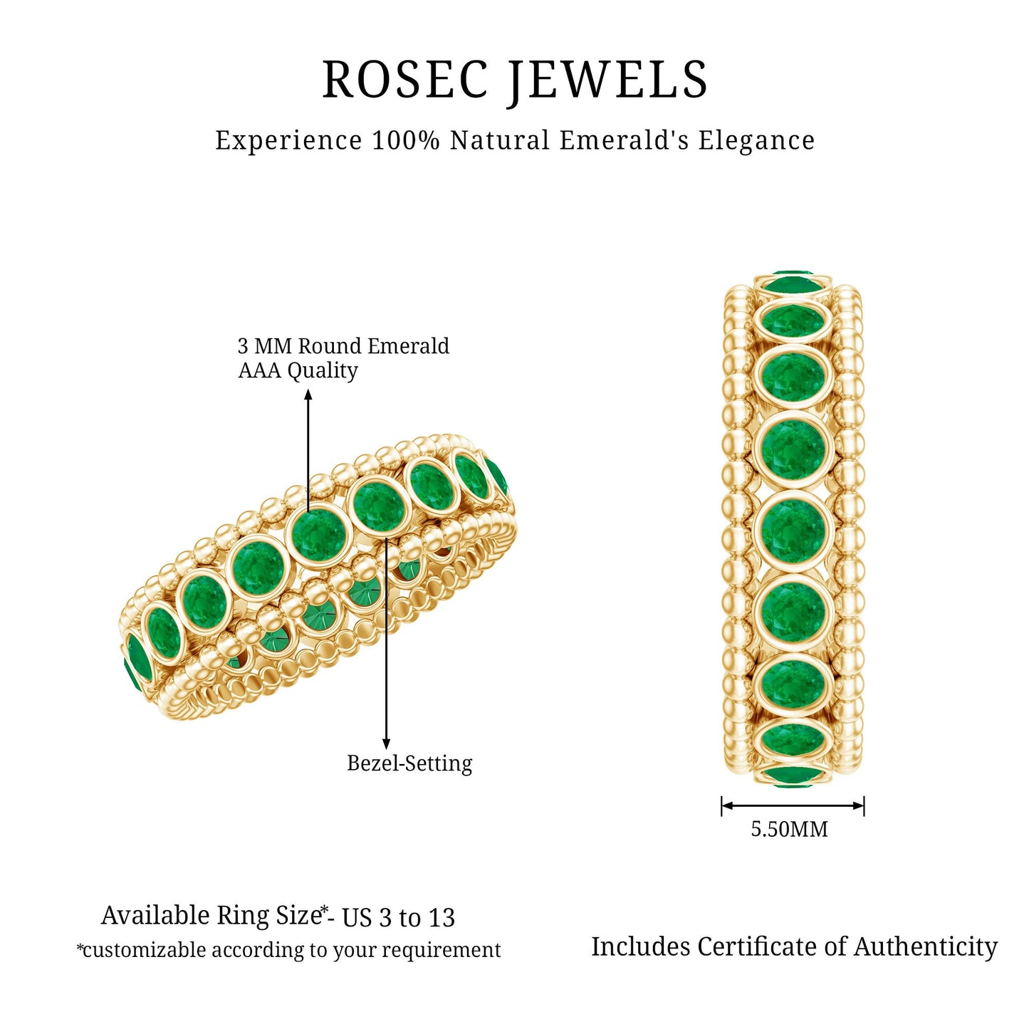 Vintage Inspired Emerald Wedding Band in Bezel Setting