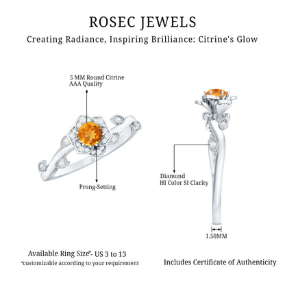 Natural Citrine Flower Engagement Ring with Diamond