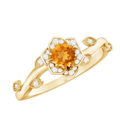 Natural Citrine Flower Engagement Ring with Diamond