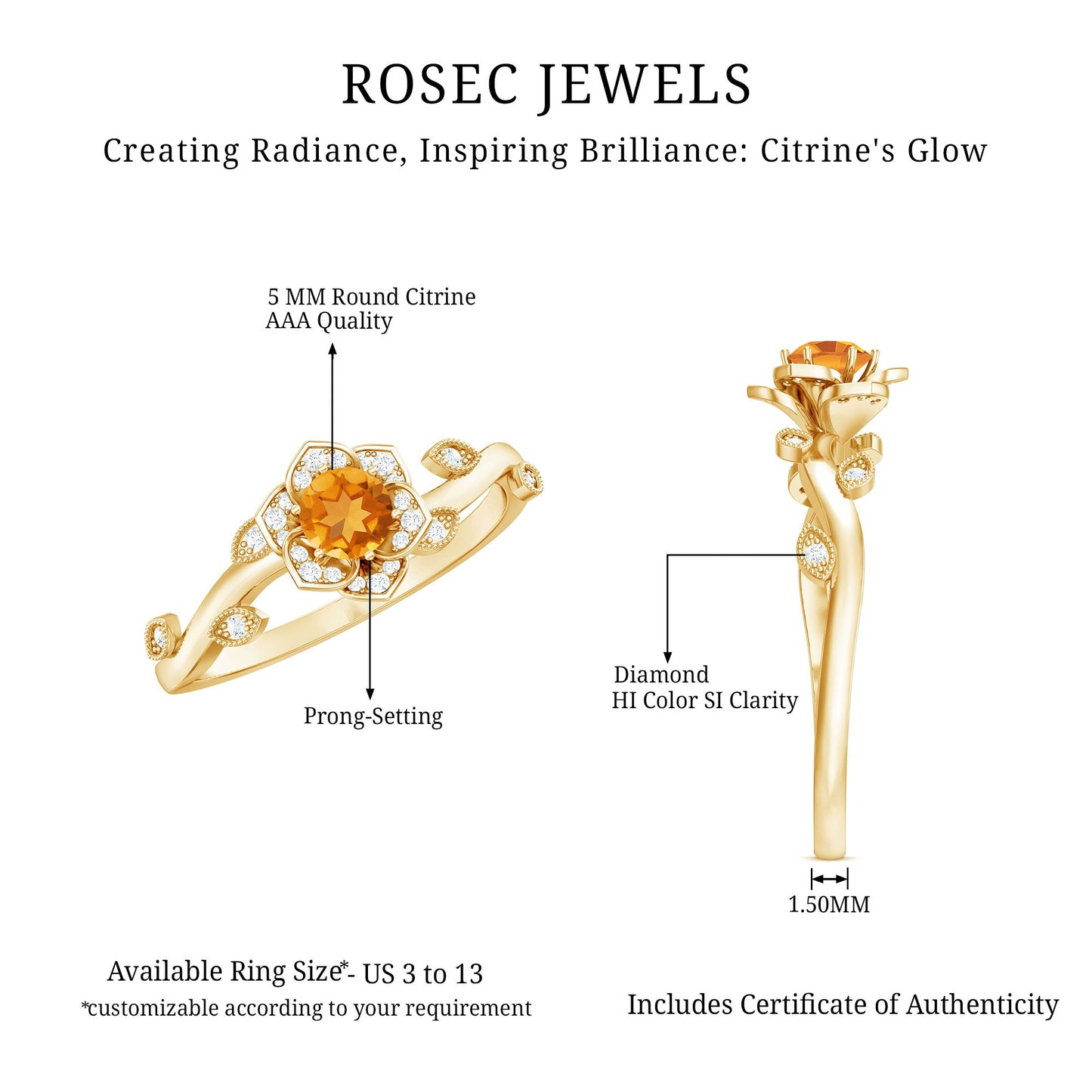 Natural Citrine Flower Engagement Ring with Diamond
